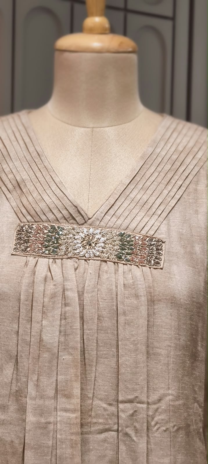 Pleated Neckline Delicate Shimmer Embroidery Digital Floral Print Pure Linen Frock- 16473, 16477