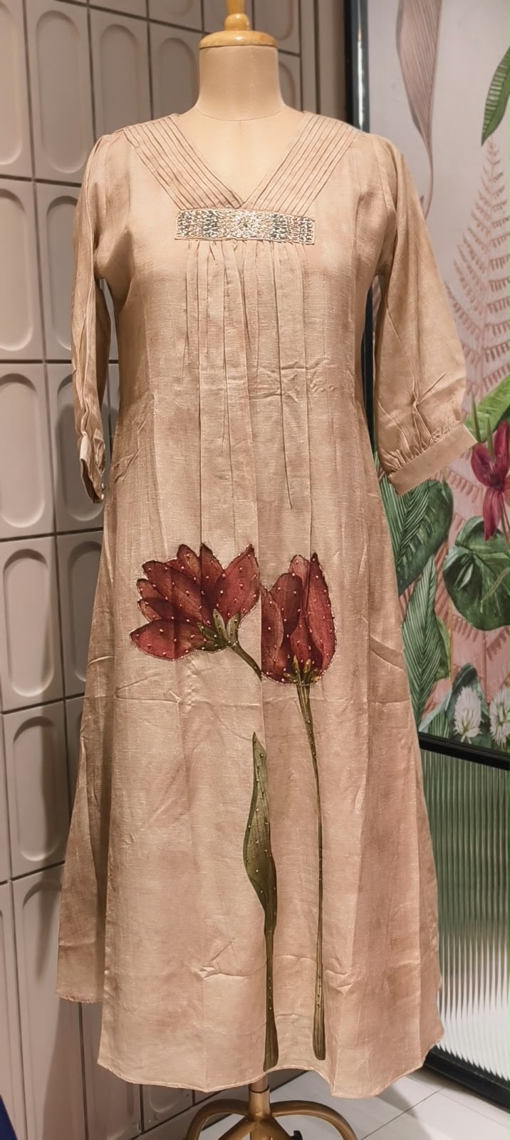 Pleated Neckline Delicate Shimmer Embroidery Digital Floral Print Pure Linen Frock- 16473, 16477