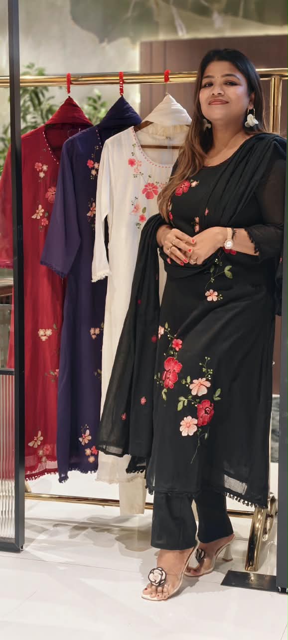 Pure Cotton Intricate Floral Embroidery Solid Shade A-Line Full Suit Set With Dupatta- 16519