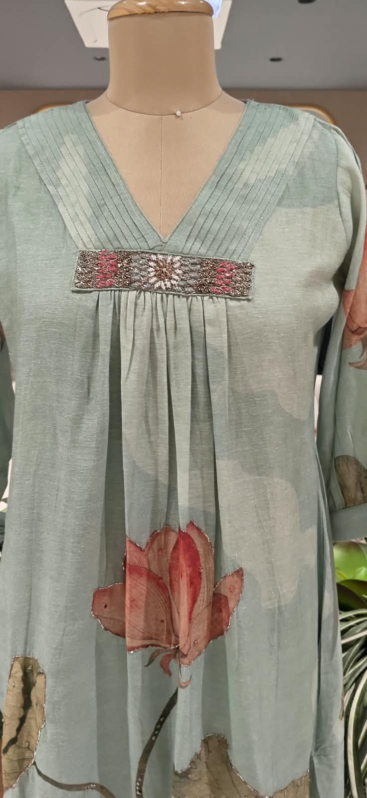 Pleated Neckline Delicate Shimmer Embroidery Digital Floral Print Pure Linen Frock- 16473, 16477