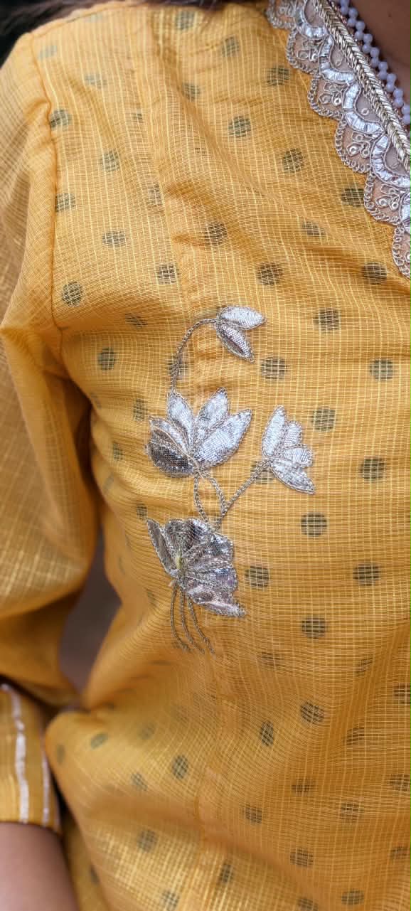 Golden Embossed Lace Detailing Kota Doria Polka Dotted A-Line Kurta Pant Set- 16534
