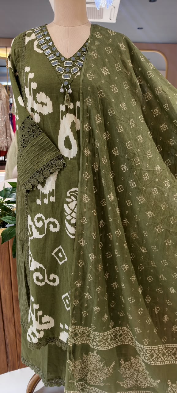 Ikkat Mango Buti Print Real Mirror Crosia Lace Borders Cotton Full Suit Set With Dupatta- 16532