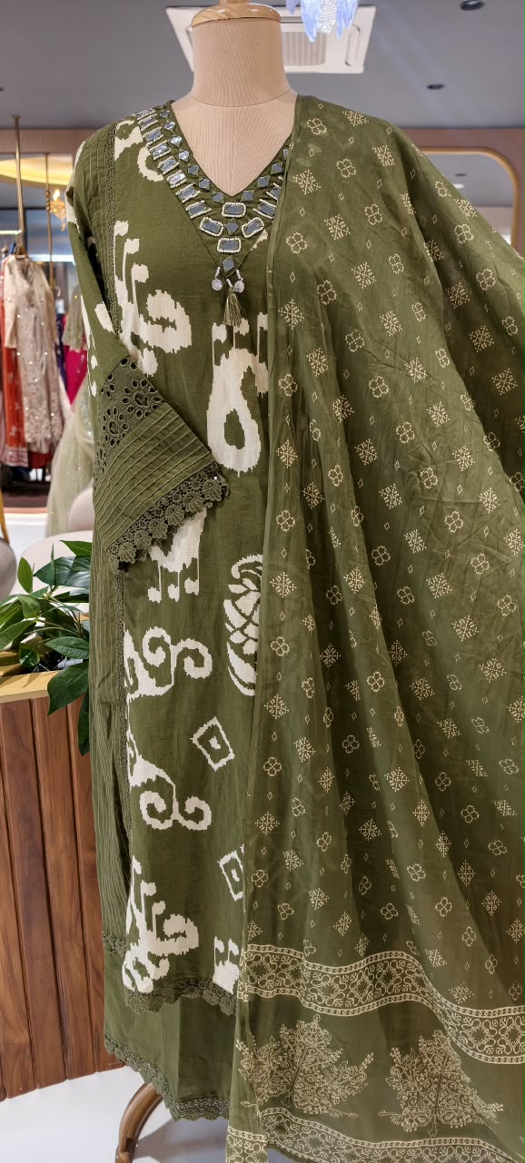 Ikkat Mango Buti Print Real Mirror Crosia Lace Borders Cotton Full Suit Set With Dupatta- 16532