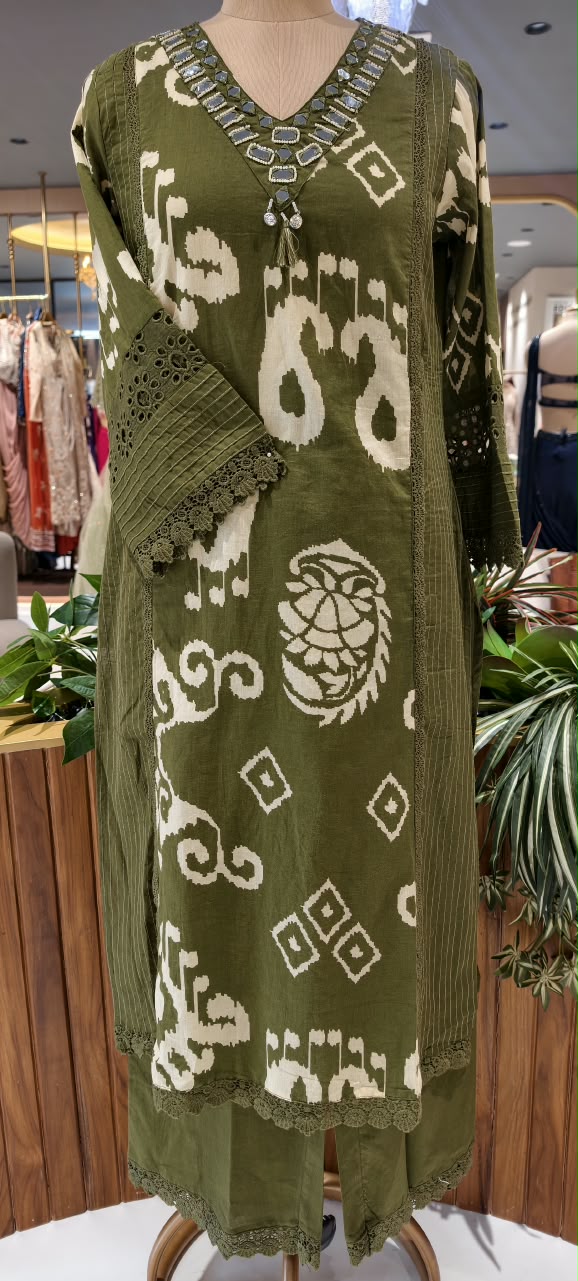 Ikkat Mango Buti Print Real Mirror Crosia Lace Borders Cotton Full Suit Set With Dupatta- 16532