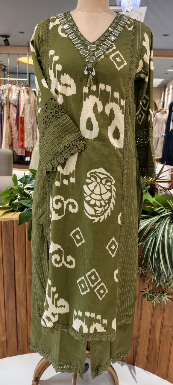 Ikkat Mango Buti Print Real Mirror Crosia Lace Borders Cotton Full Suit Set With Dupatta- 16532