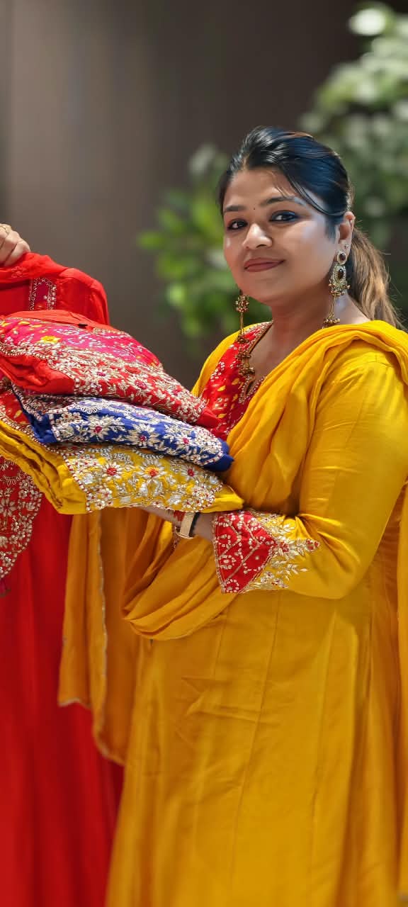 Russian Silk Bandhej Patch With Heavy Embroidery Work Panel Anarkali Full Suit Set With Dupatta-16566