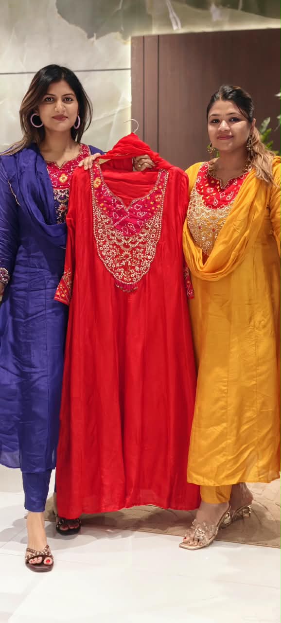 Russian Silk Bandhej Patch With Heavy Embroidery Work Panel Anarkali Full Suit Set With Dupatta-16566