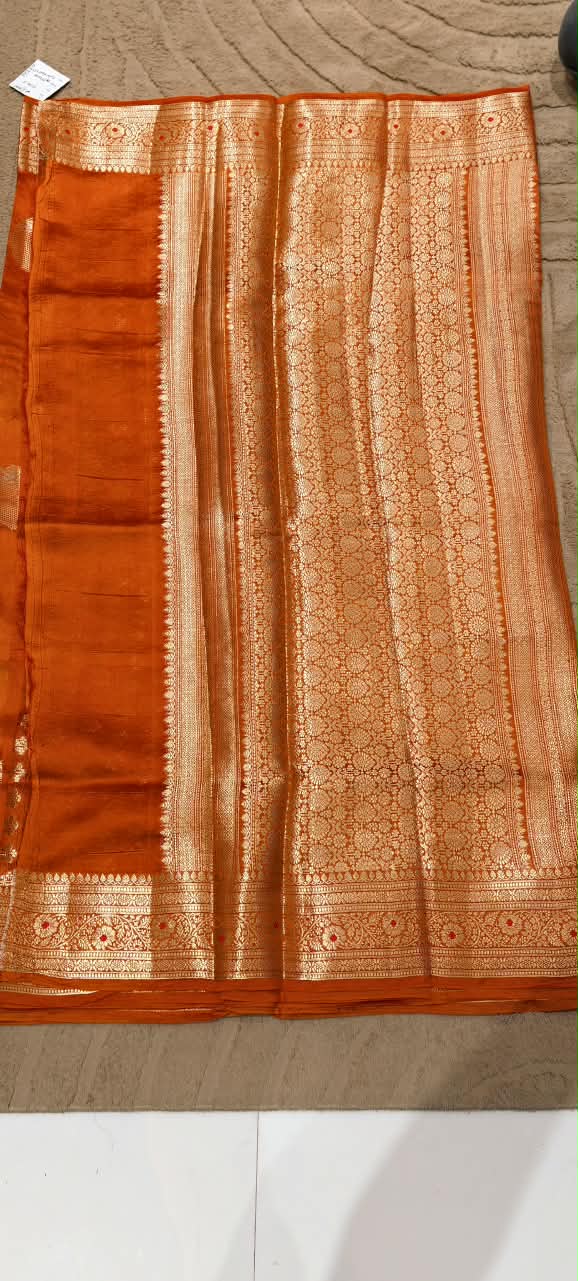 Pure Raw Silk Royal Gold Zari Floral Motifs Unstitched Vibrant Saree- 16543