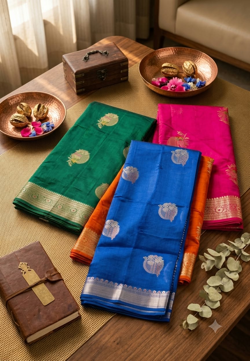 Pure Raw Silk Royal Gold Zari Floral Motifs Unstitched Vibrant Saree- 16543