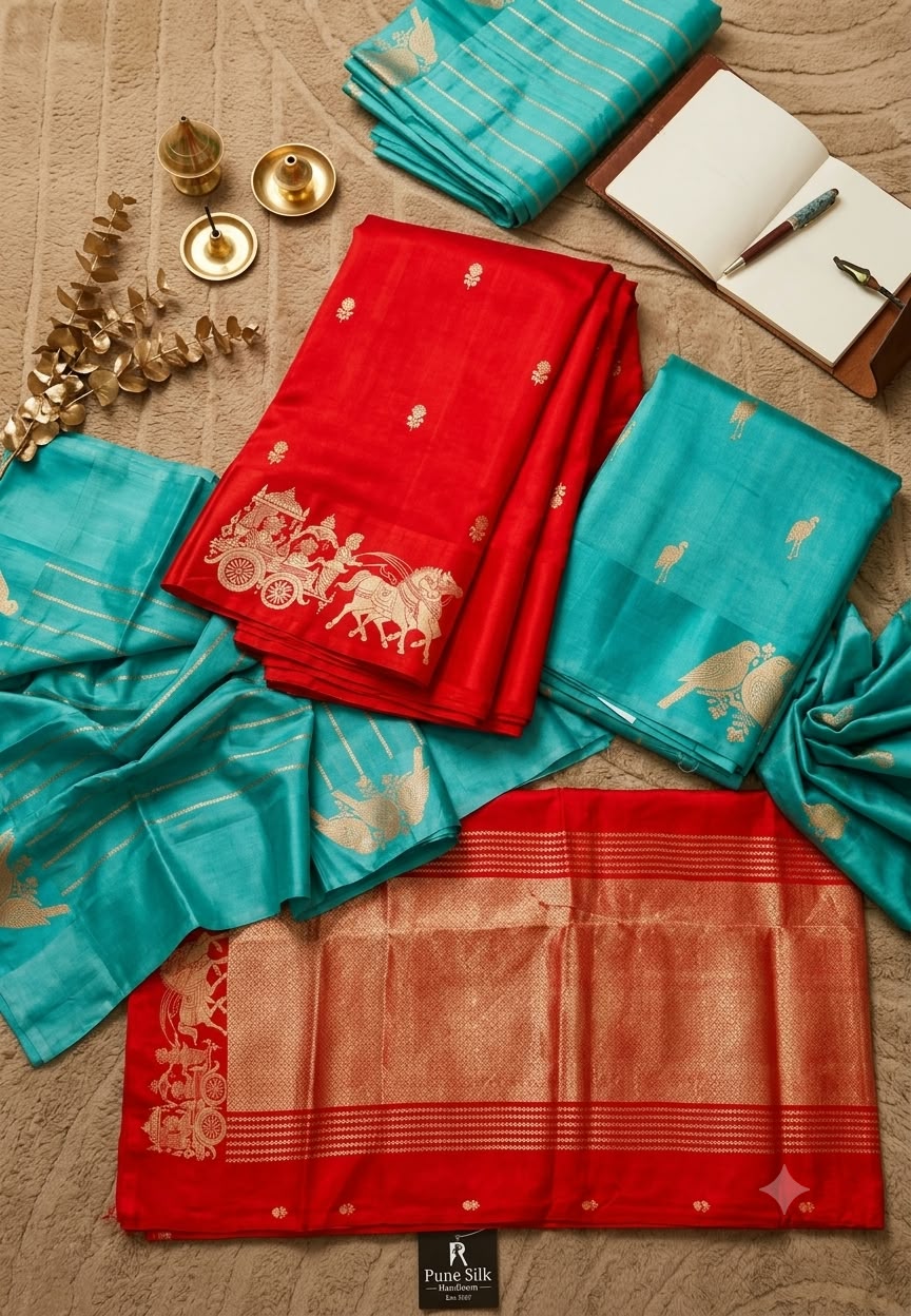 Pure Banarasi Katan Silk Unstitched Saree with Golden Royal Chariot & Bird Motifs- 16544