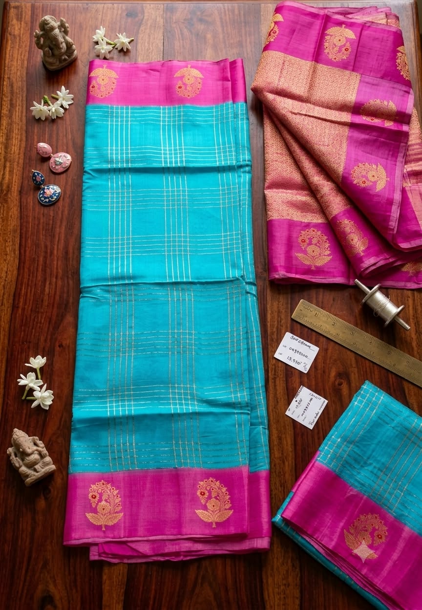 Banarasi Handloom Raw Silk Saree Featuring Gold Zari Motifs With Unstitched Blouse- 16551