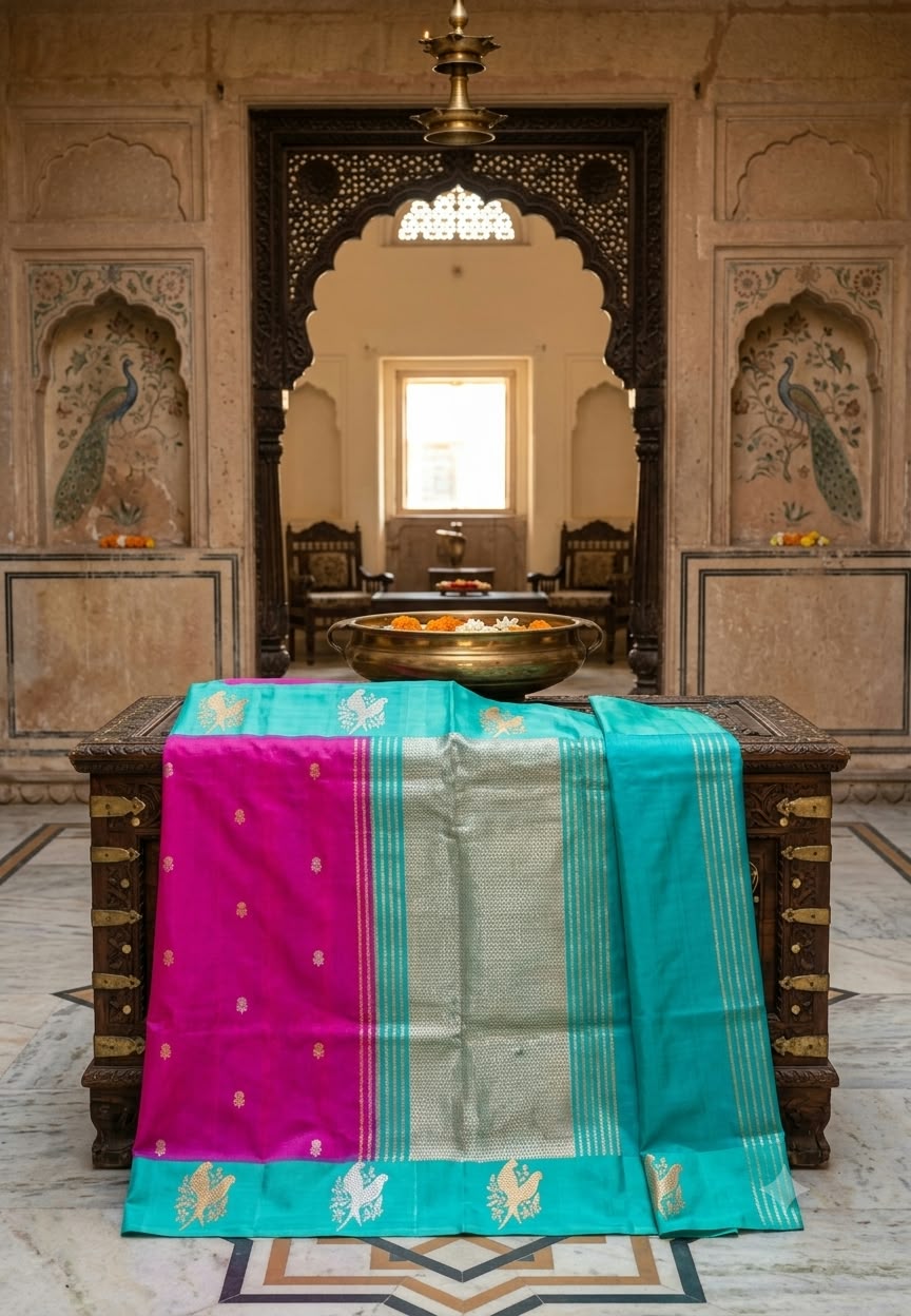 Banarasi Handloom Raw Silk Saree Featuring Gold Zari Motifs With Unstitched Blouse- 16551
