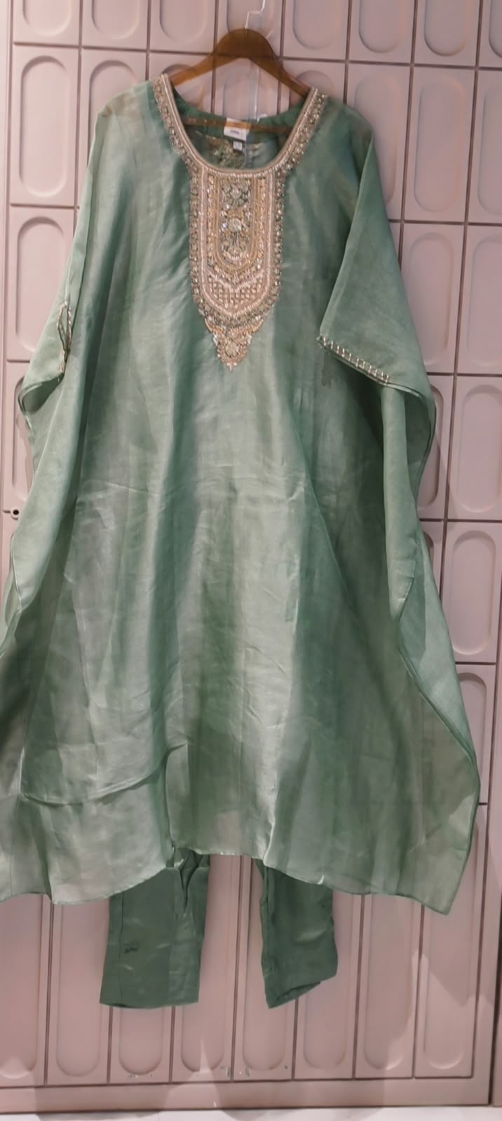 Pure Tissue Butter Shine Dabka Hand Embroidery Yoke Kaftan With Matching Bottom- 16621