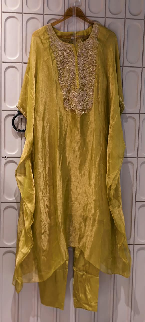 Pure Tissue Butter Shine Dabka Hand Embroidery Yoke Kaftan With Matching Bottom- 16621
