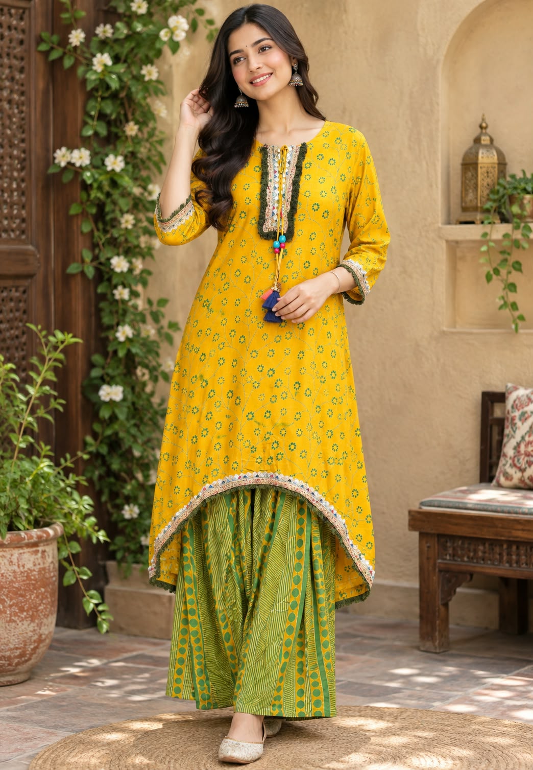 Festive Shimmer Lace Detailing Printed High-Low Tassels Kurta With Abstract Printed Loose Bottom-16579, 16578 (Loose Fit)