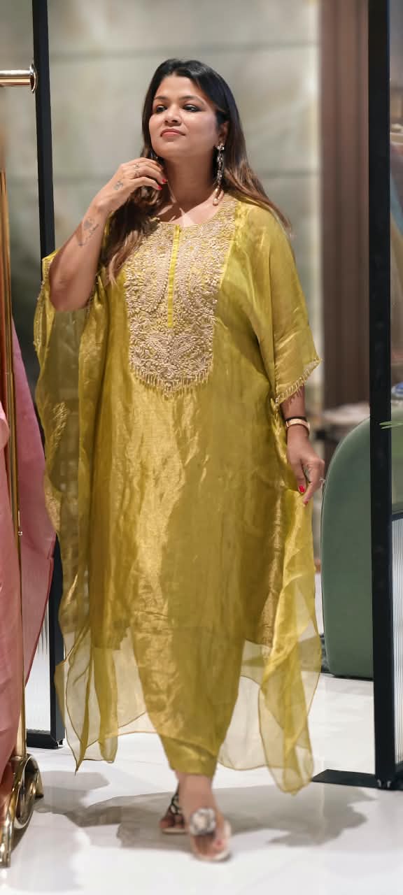 Pure Tissue Butter Shine Dabka Hand Embroidery Yoke Kaftan With Matching Bottom- 16621