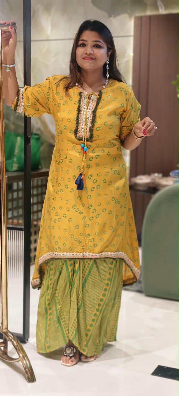 Festive Shimmer Lace Detailing Printed High-Low Tassels Kurta With Abstract Printed Loose Bottom-16579, 16578 (Loose Fit)