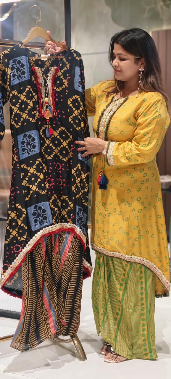 Festive Shimmer Lace Detailing Printed High-Low Tassels Kurta With Abstract Printed Loose Bottom-16579, 16578 (Loose Fit)