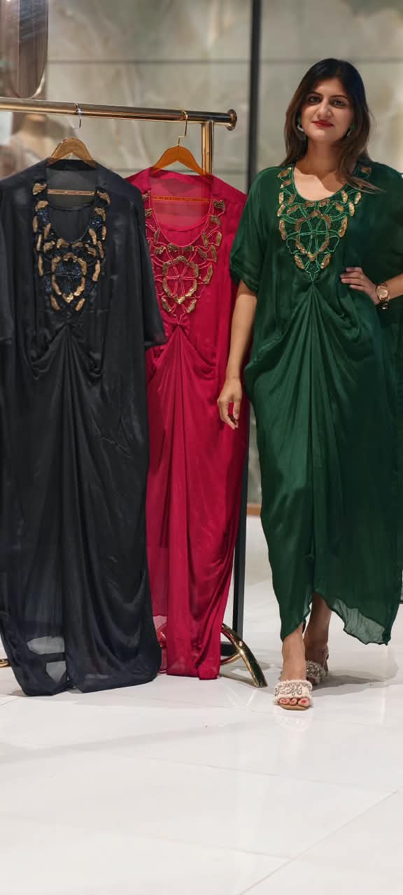 Elegant Kaftan Style Indo-Dress with Gold Hand-Embellished Neckline & Cinch Detailing- 16539