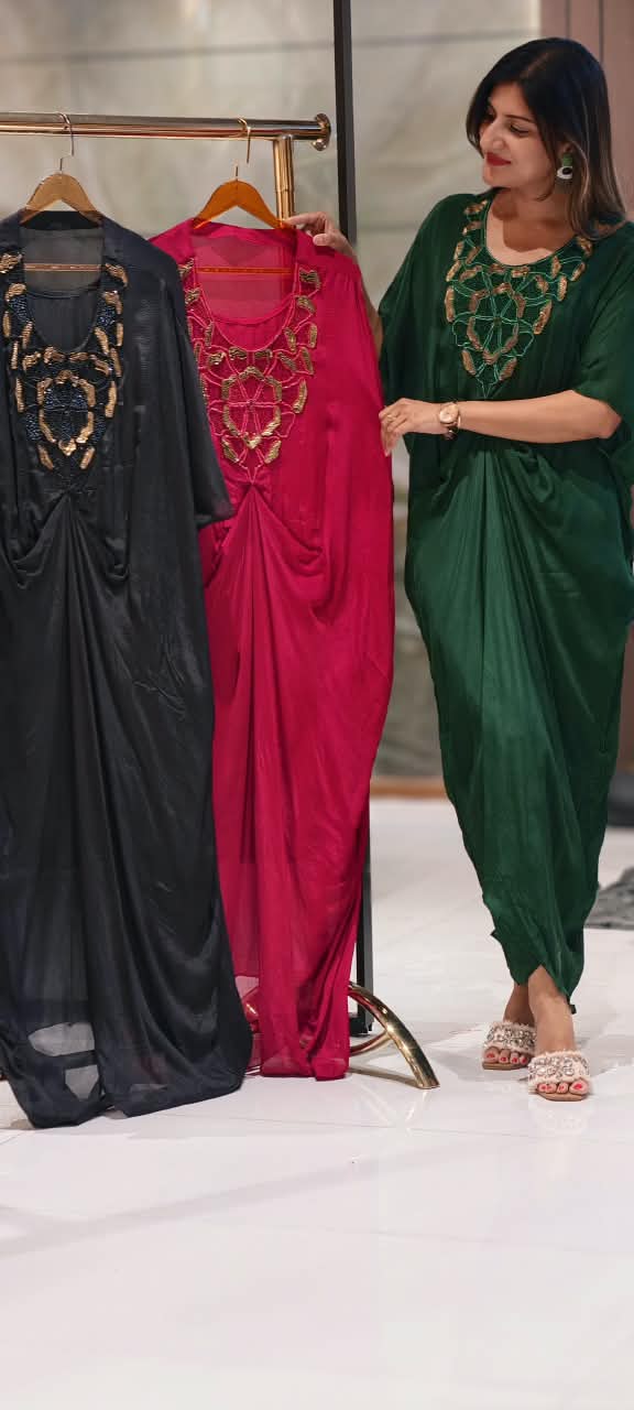 Elegant Kaftan Style Indo-Dress with Gold Hand-Embellished Neckline & Cinch Detailing- 16539