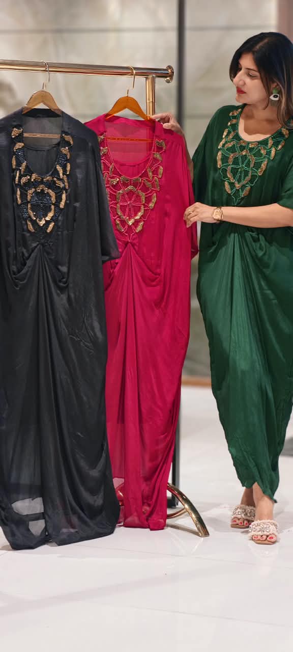 Elegant Kaftan Style Indo-Dress with Gold Hand-Embellished Neckline & Cinch Detailing- 16539