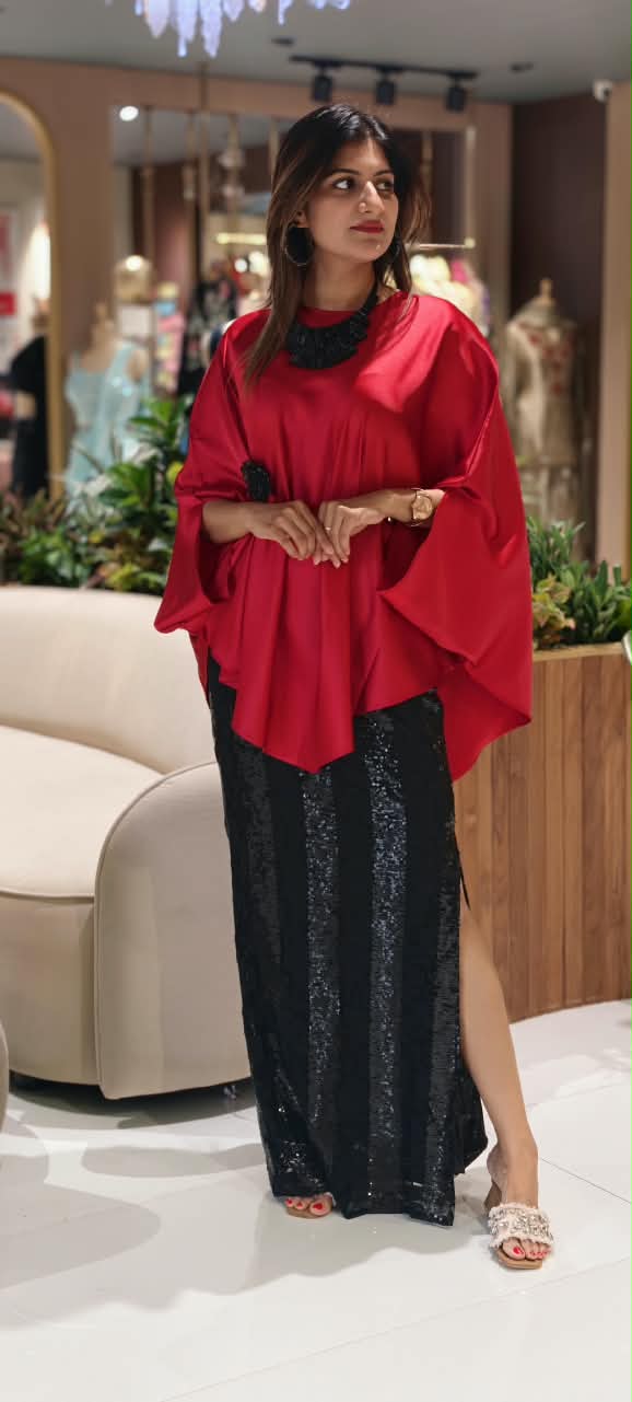 Glamrous Party Friendly Indo-Wear Vibrant Upper With Glittely Straight Fit Skirt & Stunning Neckpiece- 16255