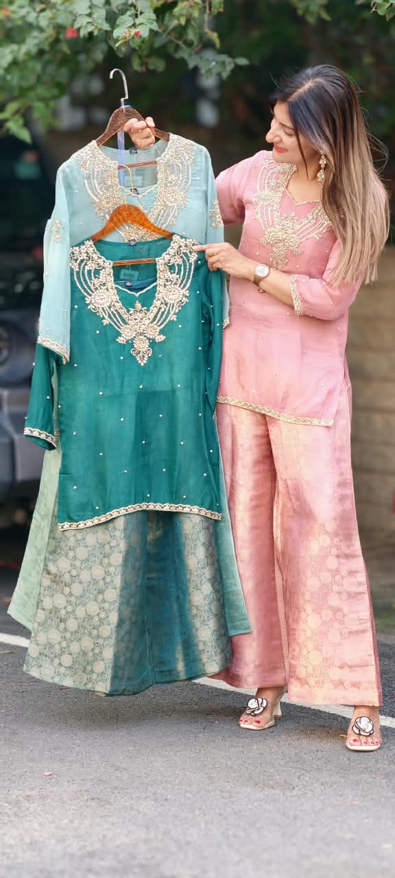 Gotta Beaded Jewel Look Embroidery Bustier Oraganza Kurta With Matching Brocade Loose Bottom- 16582