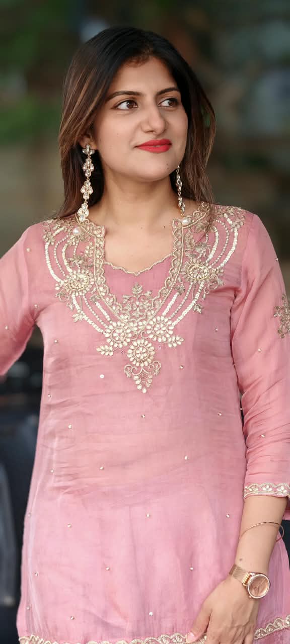 Gotta Beaded Jewel Look Embroidery Bustier Oraganza Kurta With Matching Brocade Loose Bottom- 16582