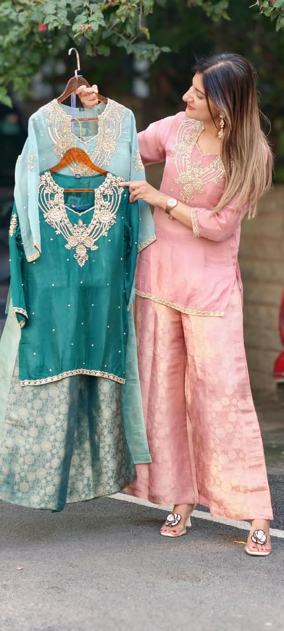 Gotta Beaded Jewel Look Embroidery Bustier Oraganza Kurta With Matching Brocade Loose Bottom- 16582