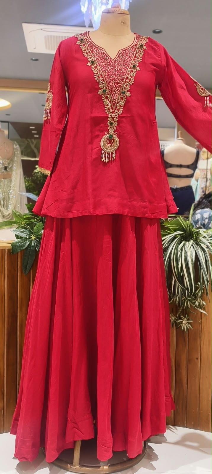 Deep Pink Short Kurta & Skirt Set with Heavily Embroidered Yoke, Stone Work & Motif Sleeves- 16603