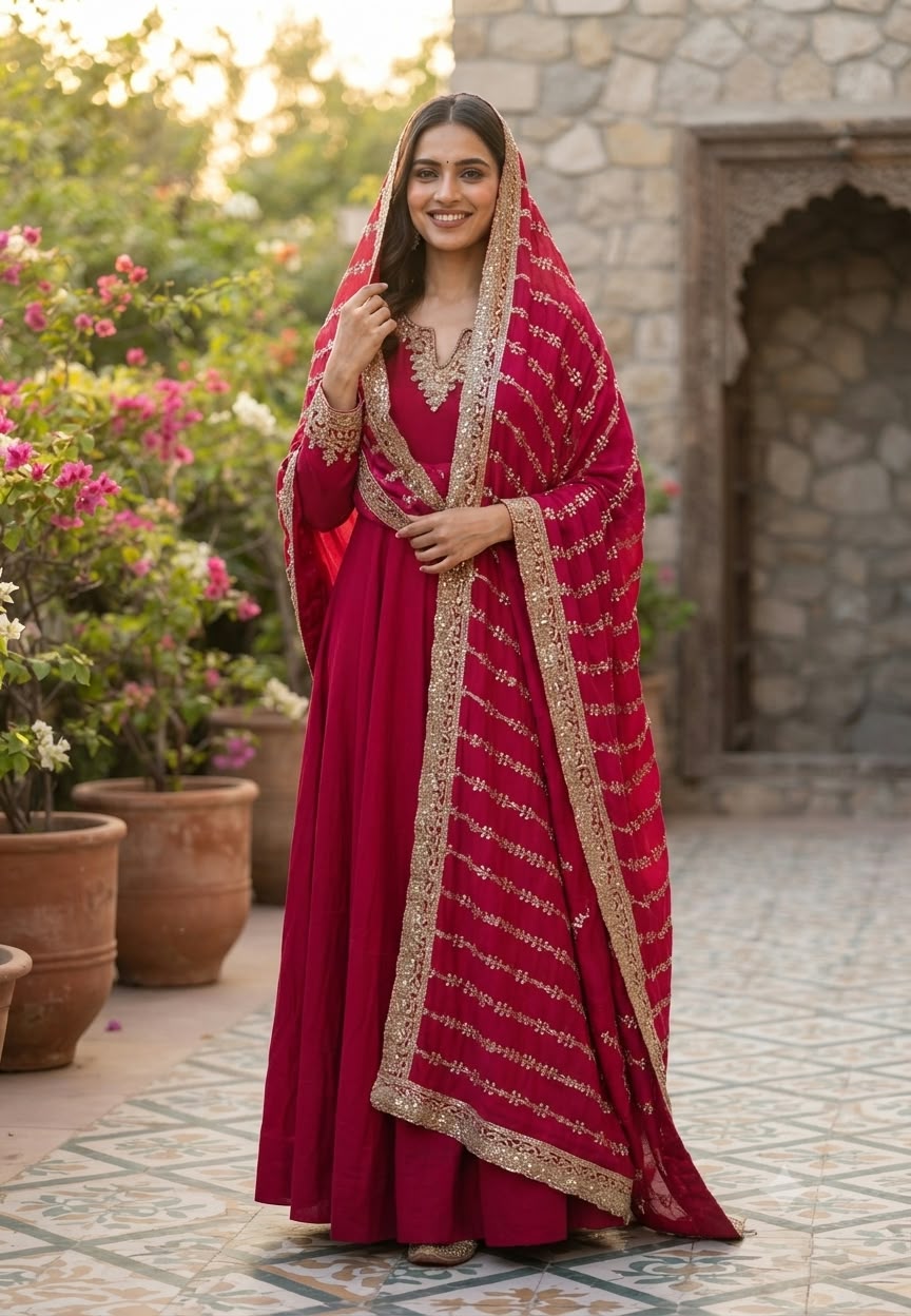 Vibrant Red Georgette Anarkali Full Suit Set with Zardozi Embroidered Neckline & Heavy Hand-Embellished Border Dupatta- 16629
