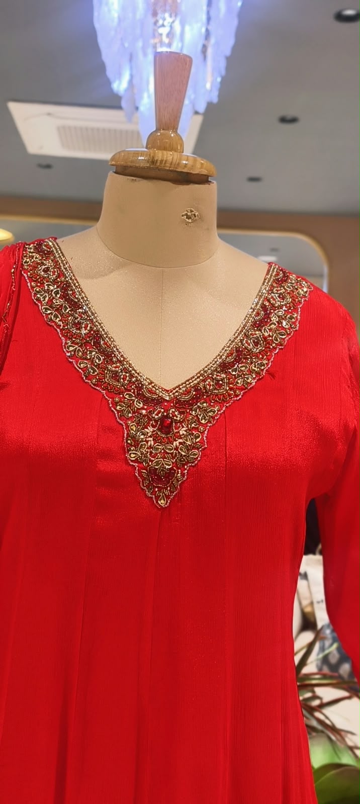Classic Red Chinon Panel Anarkali Full Suit Set with Zari & Stone Embroidered V-Neckline- 16445