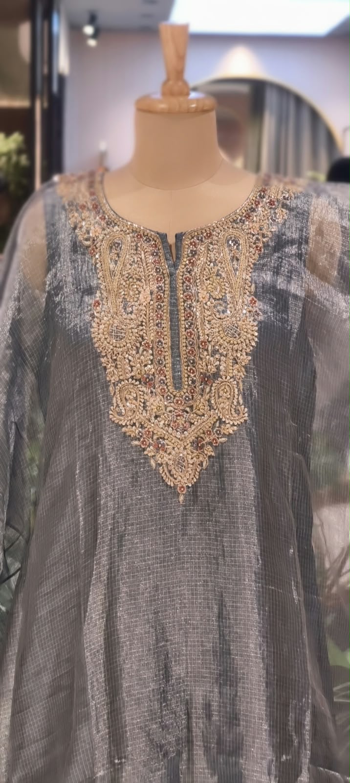 Delicate Floral Teardrop Intricate Hand Embroidery Pure Tissue Checks Touch Kaftan With Matching Bottom- 16634