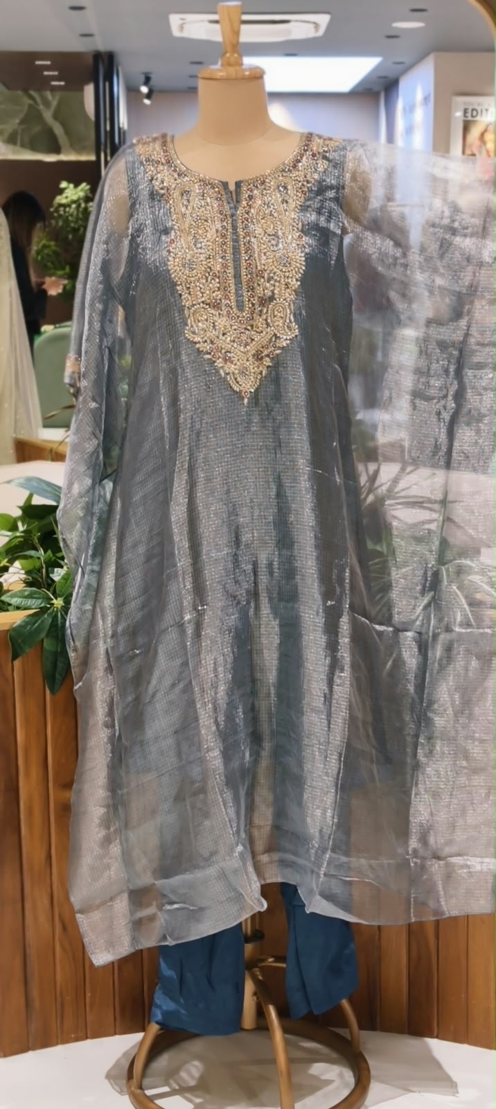 Delicate Floral Teardrop Intricate Hand Embroidery Pure Tissue Checks Touch Kaftan With Matching Bottom- 16634