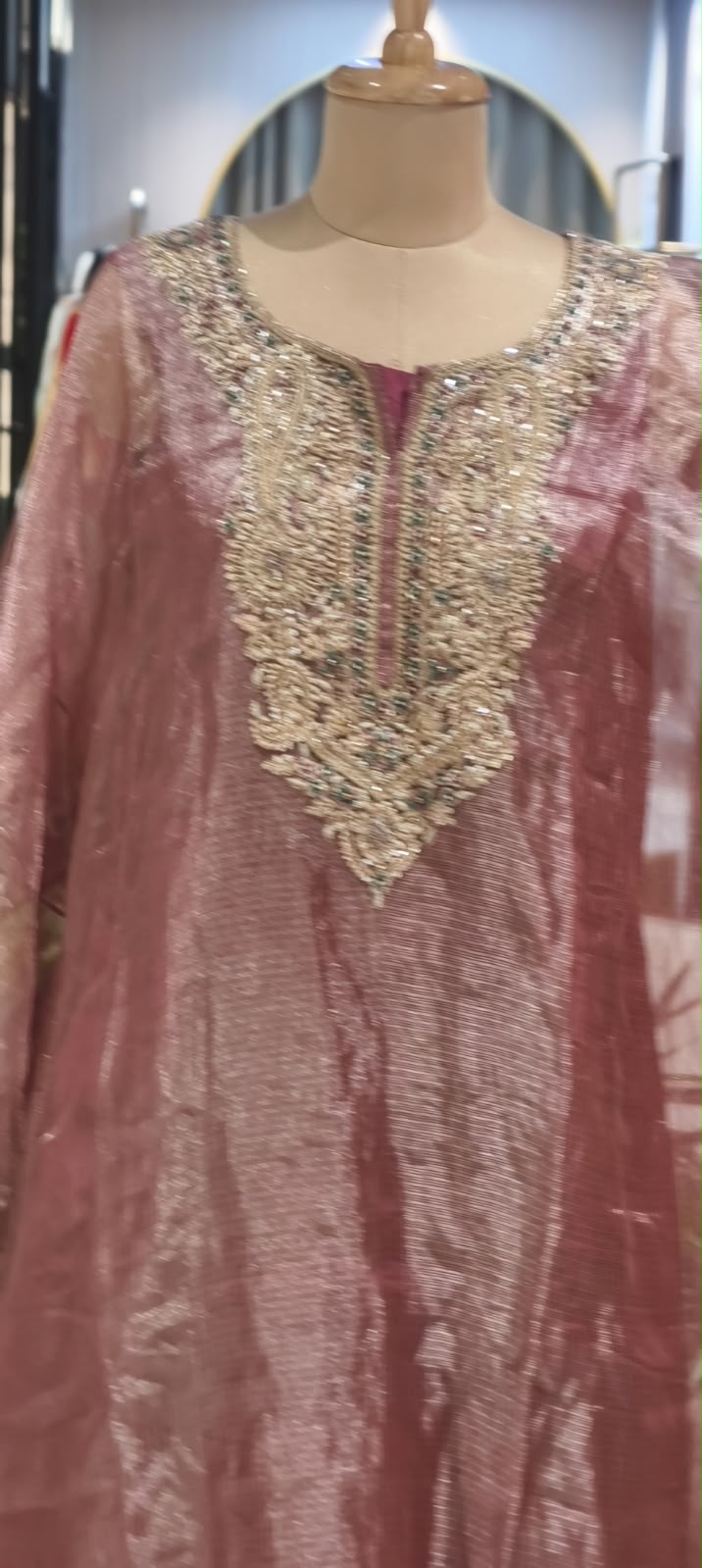 Delicate Floral Teardrop Intricate Hand Embroidery Pure Tissue Checks Touch Kaftan With Matching Bottom- 16634