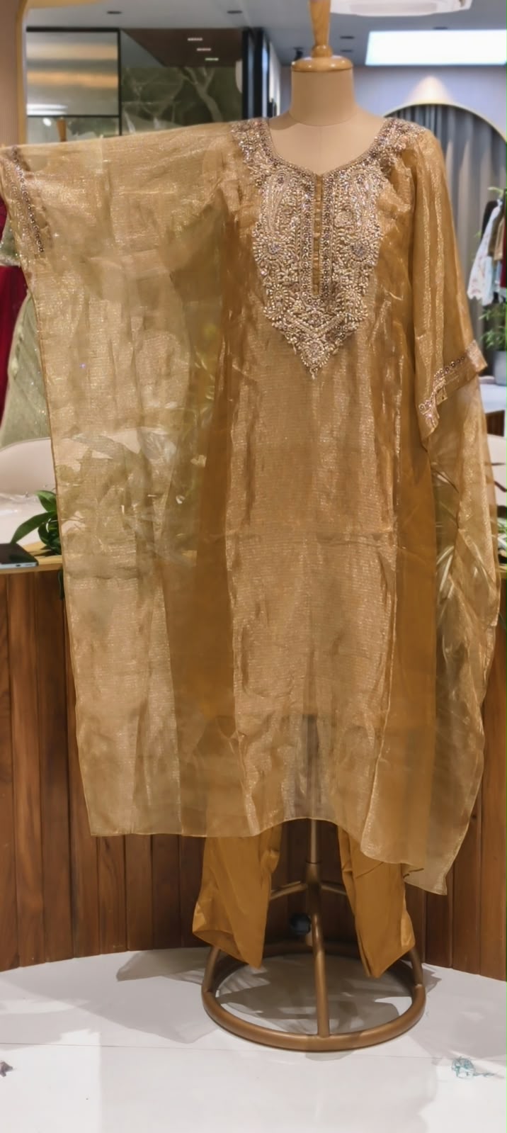 Delicate Floral Teardrop Intricate Hand Embroidery Pure Tissue Checks Touch Kaftan With Matching Bottom- 16634