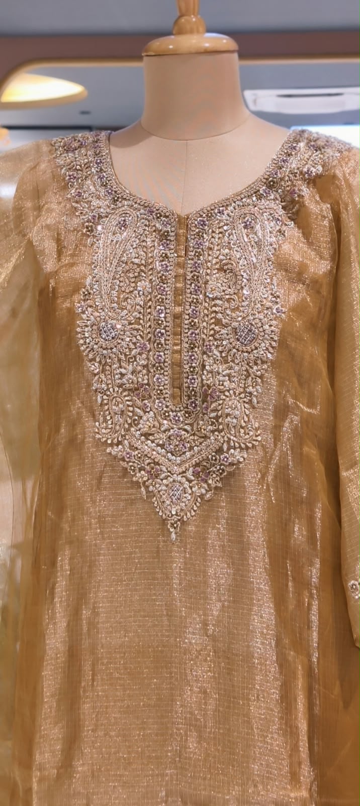 Delicate Floral Teardrop Intricate Hand Embroidery Pure Tissue Checks Touch Kaftan With Matching Bottom- 16634