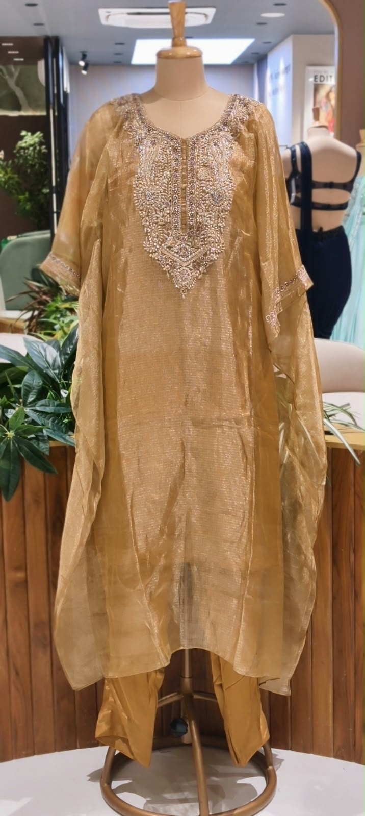 Delicate Floral Teardrop Intricate Hand Embroidery Pure Tissue Checks Touch Kaftan With Matching Bottom- 16634