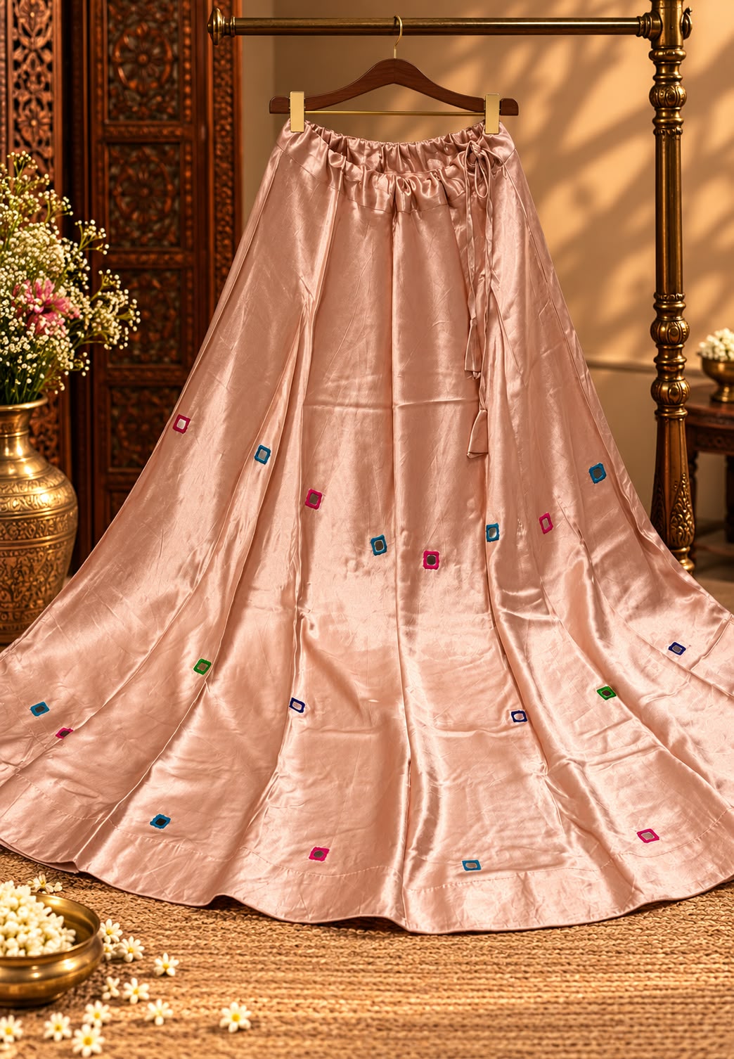 Gajji Silk Butter Soft Shiny Flared Skirt With Real Mirror Multicolor Thread Embroidery Upwork-