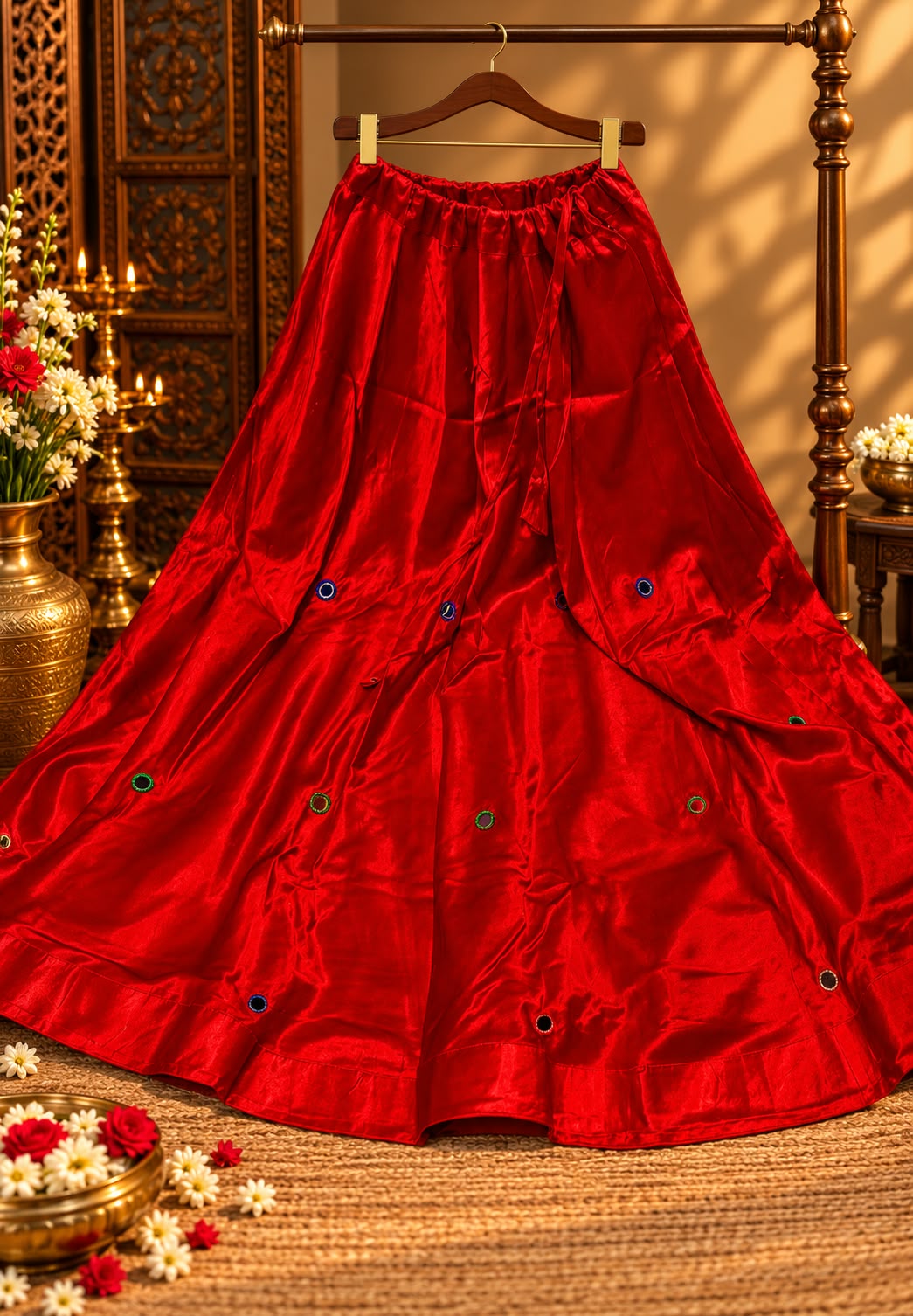 Gajji Silk Butter Soft Shiny Flared Skirt With Real Mirror Multicolor Thread Embroidery Upwork-