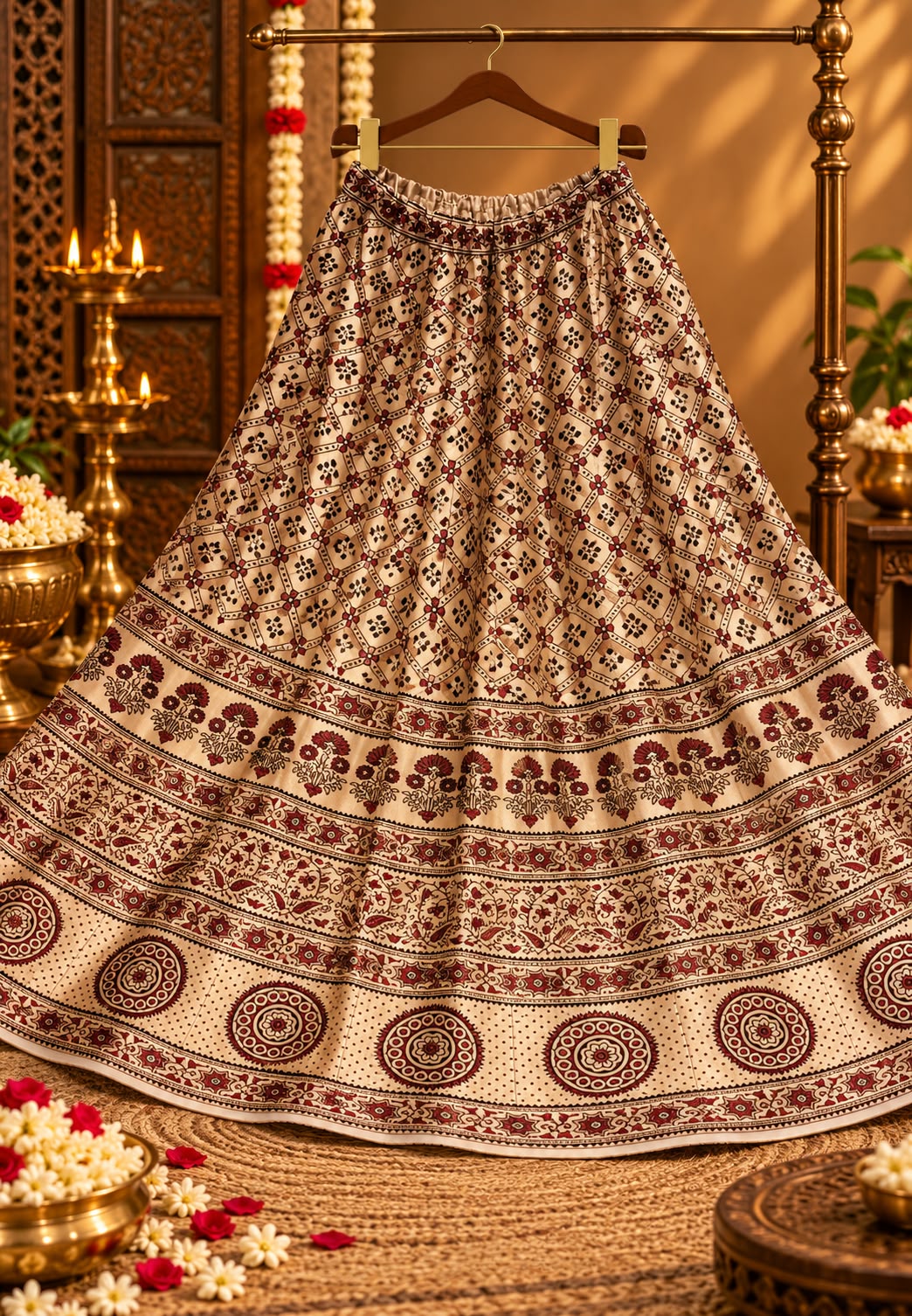 Multi Traditional Print Flared Butter Shine Gajji Silk Ethnic Panel Skirt- 16651