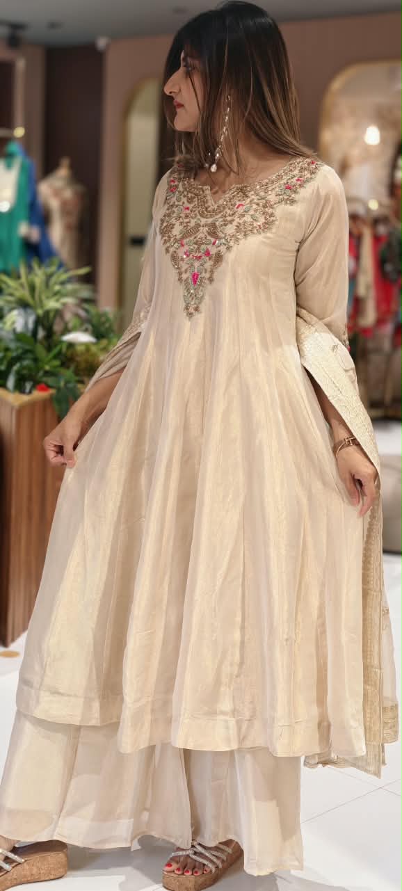 Opulent Tissue Silk Anarkali Suit with Multi-Color Zardozi and Pink Floral Embroidery- 16586