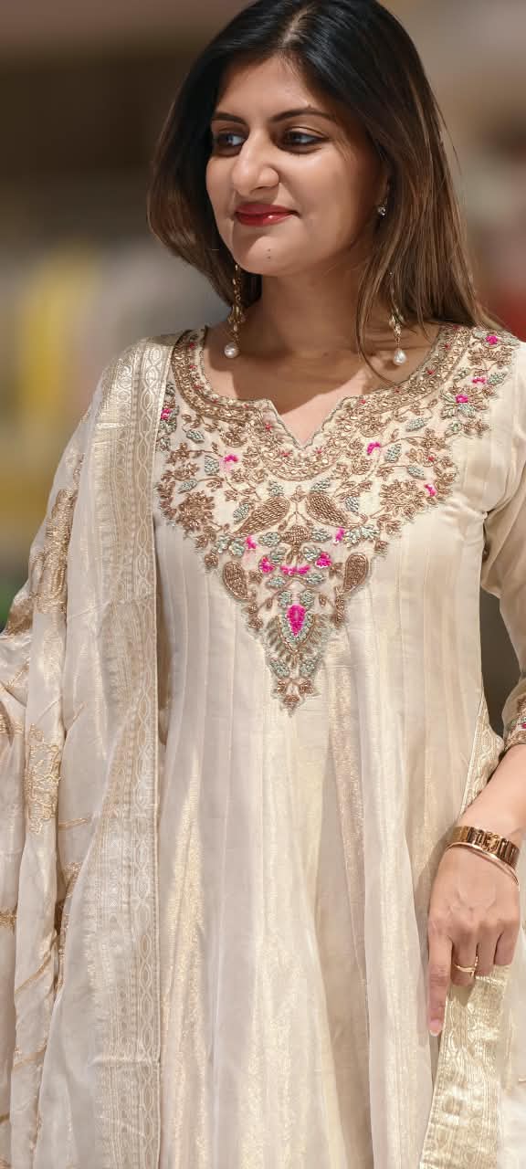 Opulent Tissue Silk Anarkali Suit with Multi-Color Zardozi and Pink Floral Embroidery- 16586