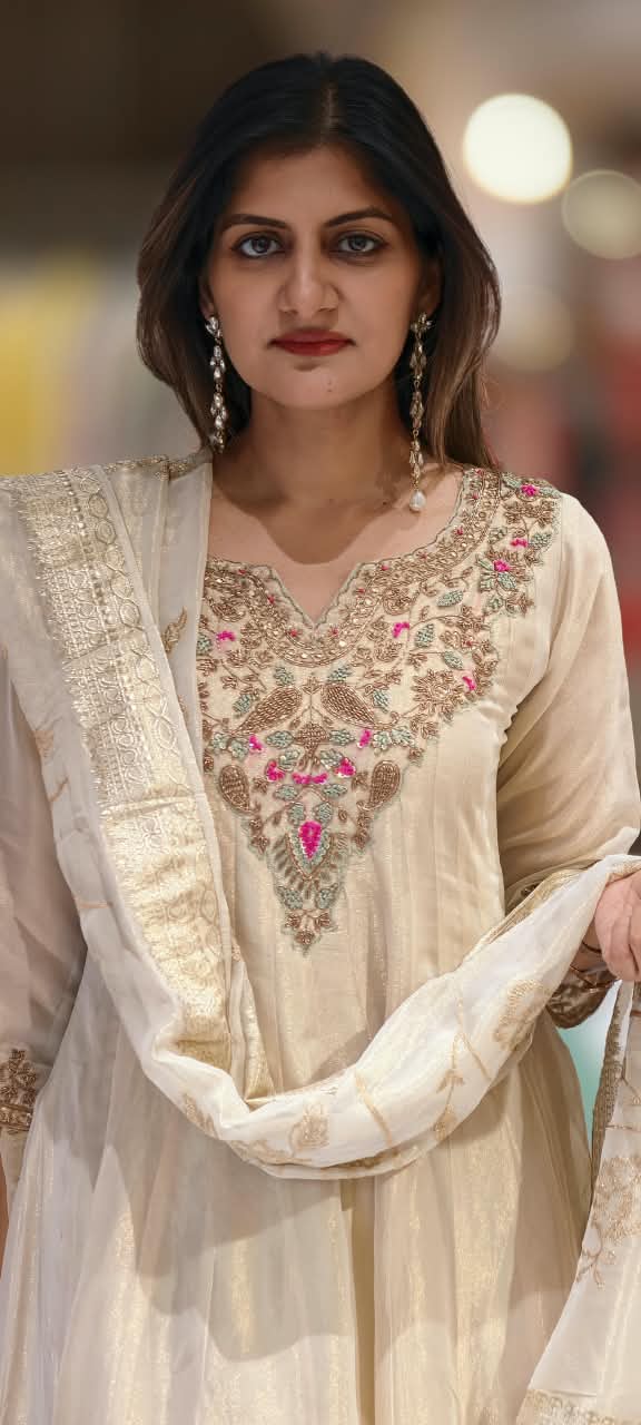 Opulent Tissue Silk Anarkali Suit with Multi-Color Zardozi and Pink Floral Embroidery- 16586