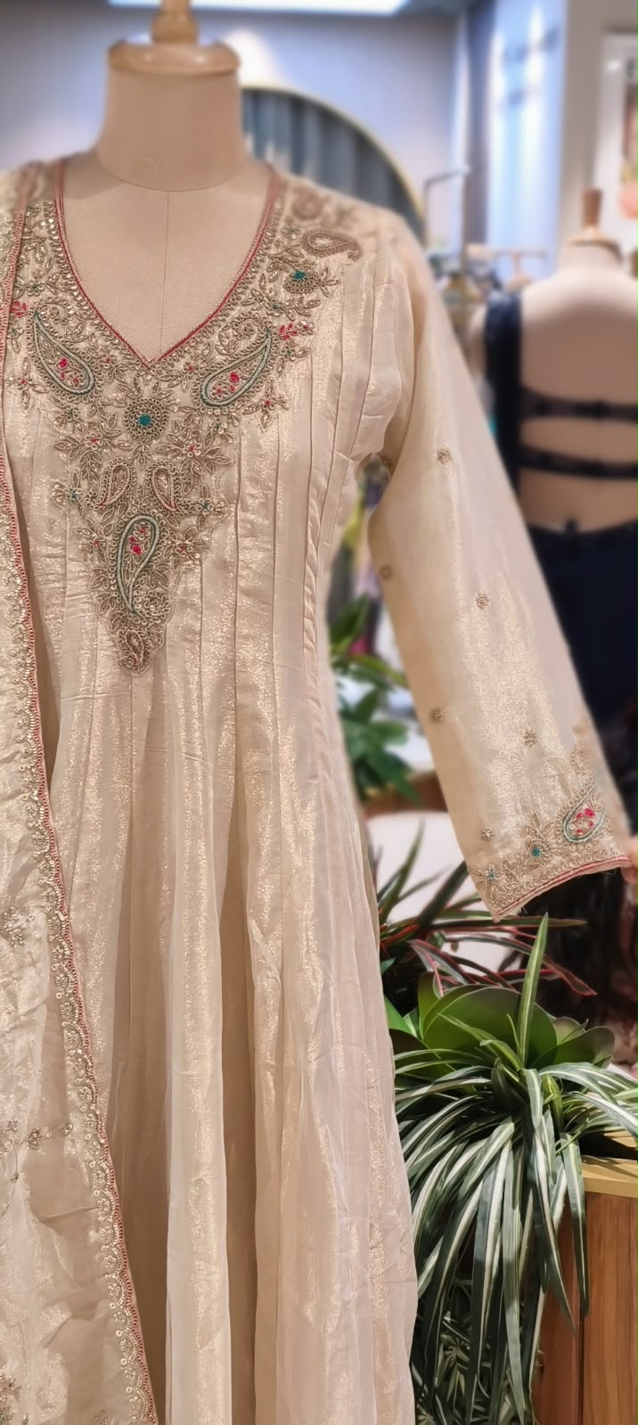 Royal Champagne Silk Tissue Anarkali Suit with Intricate Gold Neck Embroidery and Dupatta- 16619