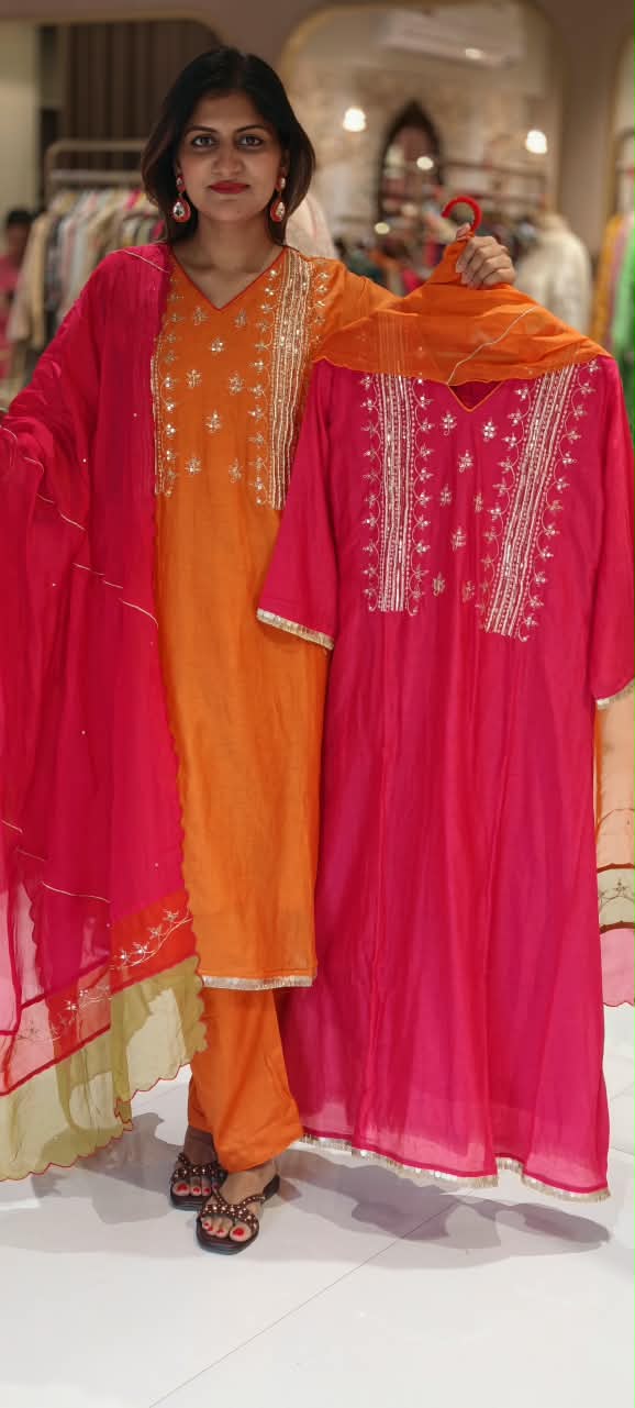 Delicate Sequin Embroidery Touch Vibrant Multi Color A-Line Mul-Chanderi Full Suit Set With Dupatta- 16639