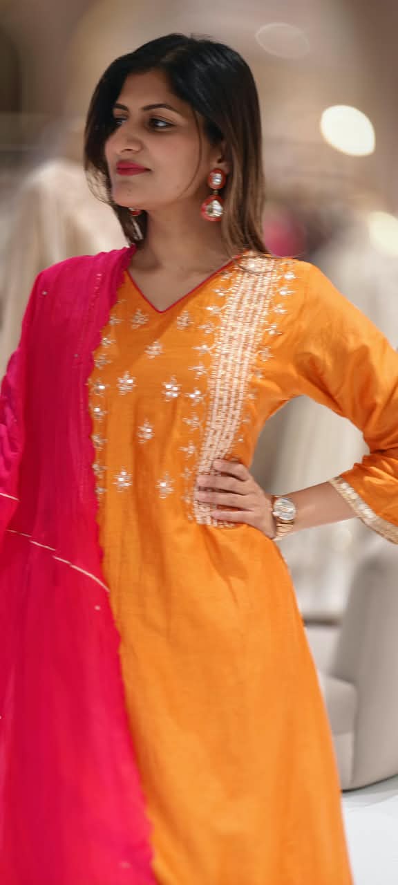 Delicate Sequin Embroidery Touch Vibrant Multi Color A-Line Mul-Chanderi Full Suit Set With Dupatta- 16639