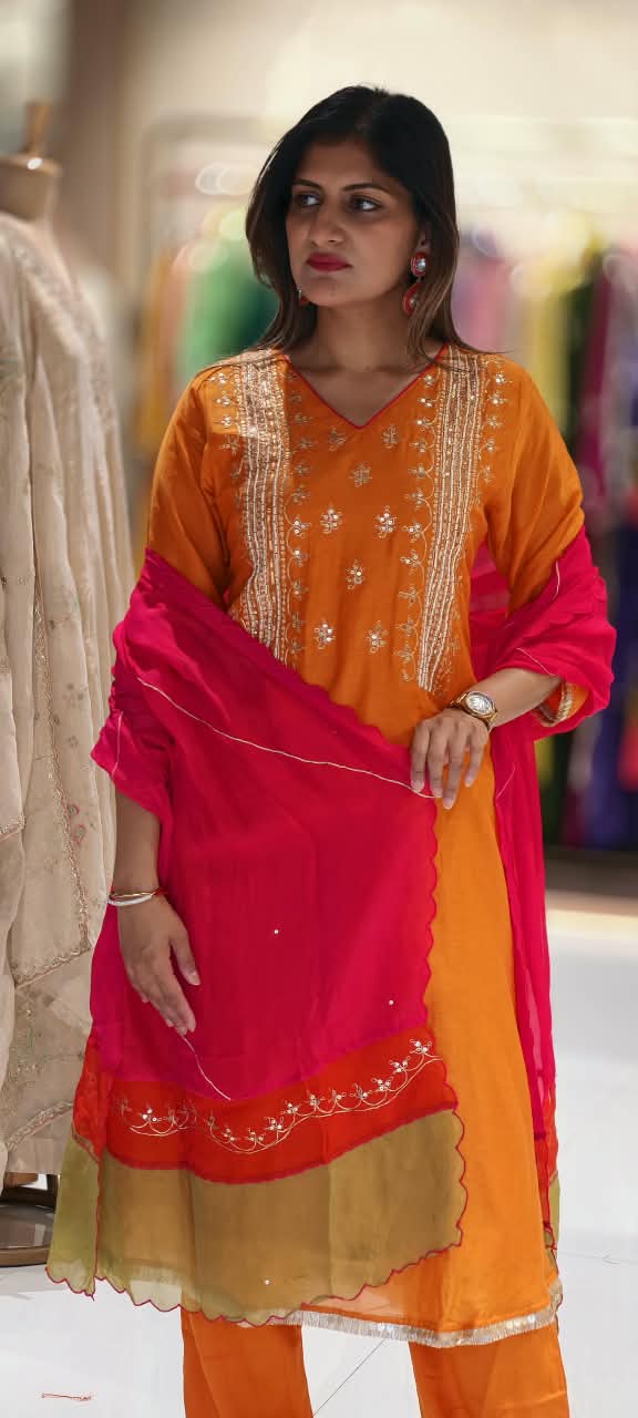 Delicate Sequin Embroidery Touch Vibrant Multi Color A-Line Mul-Chanderi Full Suit Set With Dupatta- 16639