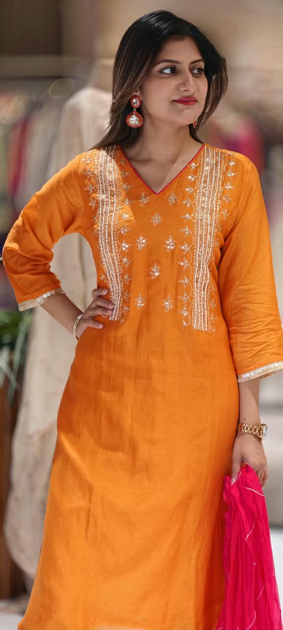Delicate Sequin Embroidery Touch Vibrant Multi Color A-Line Mul-Chanderi Full Suit Set With Dupatta- 16639