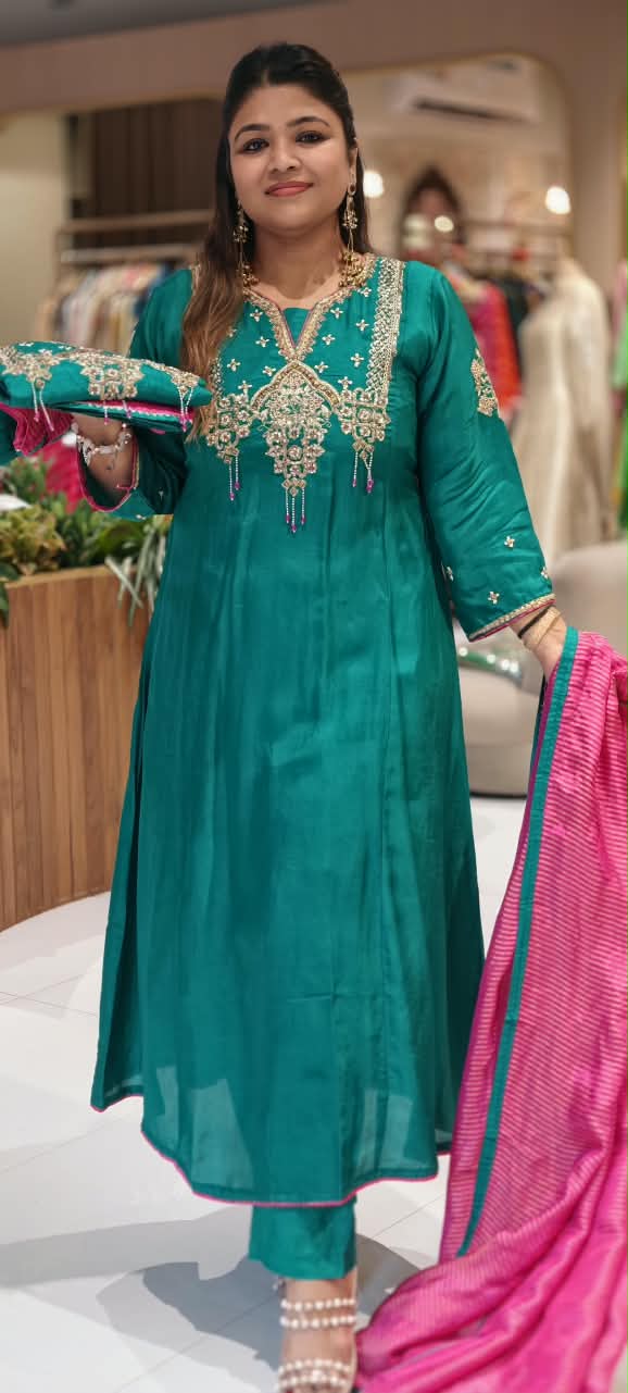 Very Elegant Chevron Tasseled Jewel Look Embroidery Work Russian Silk Panel Anarkali Full Suit Set With Dupatta- 16584